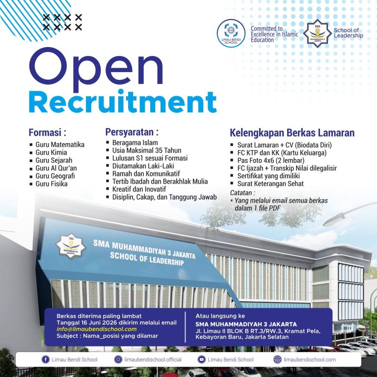 Open Recruitment! SMA Muhammadiyah 3 Jakarta Cari Guru Matematika, Kimia, Sejarah, Al-Qur’an, Geografi, dan Fisika