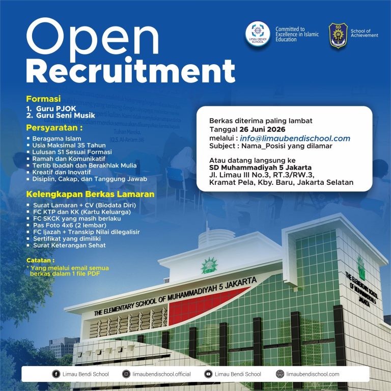 Open Recruitment! SD Muhammadiyah 5 Jakarta Membuka Kesempatan Berkarier bagi Guru PJOK dan Seni Musik